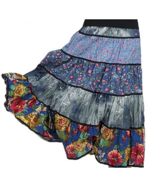 Blue Floral Patchwork Maxi pleated skirt