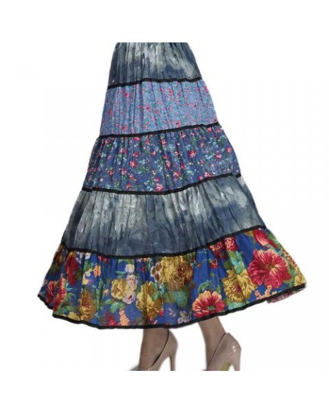 Blue Floral Patchwork Maxi pleated skirt