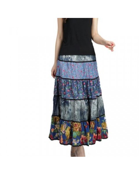 Blue Floral Patchwork Maxi pleated skirt