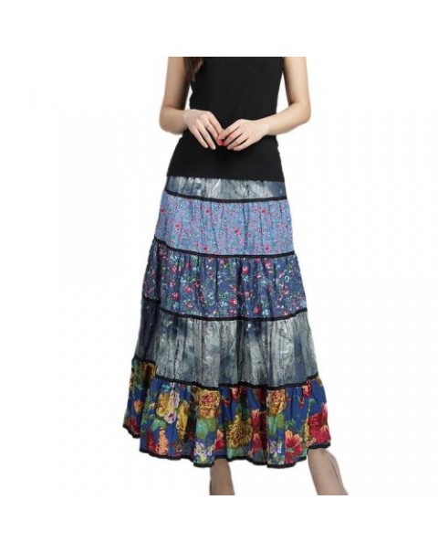 Blue Floral Patchwork Maxi pleated skirt