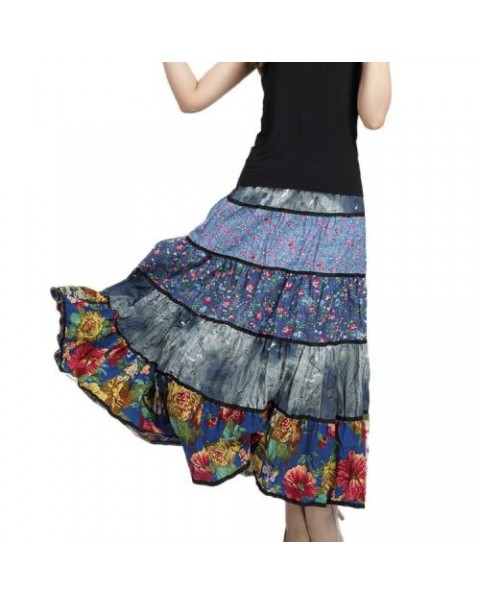 Blue Floral Patchwork Maxi pleated skirt