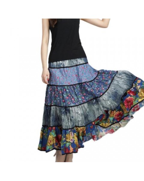 Blue Floral Patchwork Maxi pleated skirt