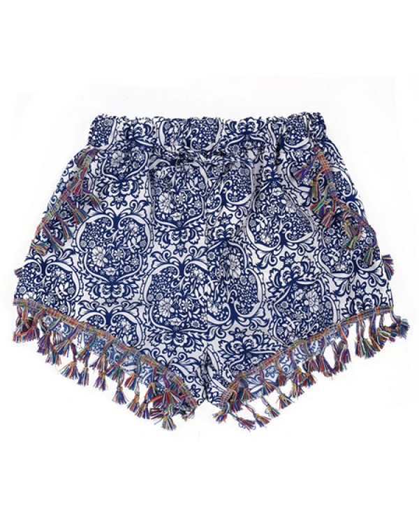 Bohemian Beach Floral Printed Tassel High Waist Shorts 