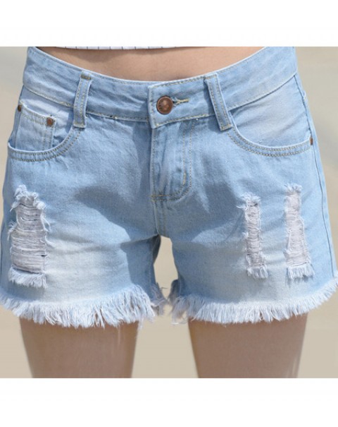 Light Blue Loose Tassel Mid Waist Ripped Denim Shorts