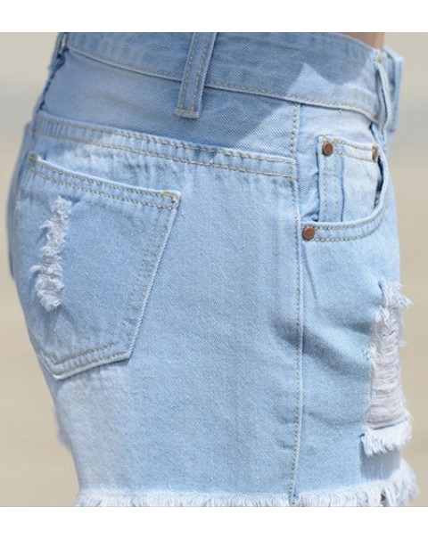 Light Blue Loose Tassel Mid Waist Ripped Denim Shorts