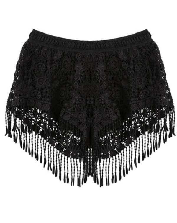 White/Black Lace Fringe Tassel Shorts 