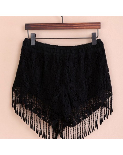 White/Black Lace Fringe Tassel Shorts 