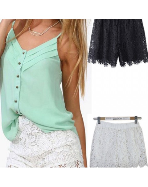 Black/White Casual Elastic Waist Lace Shorts 