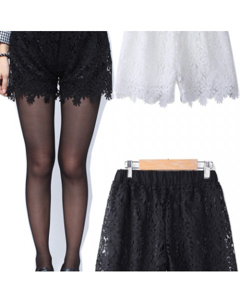 Black/White Casual Elastic Waist Lace Shorts 