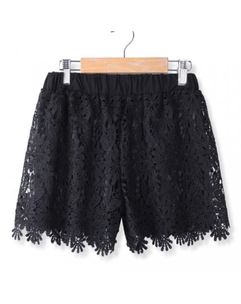 Black/White Casual Elastic Waist Lace Shorts 