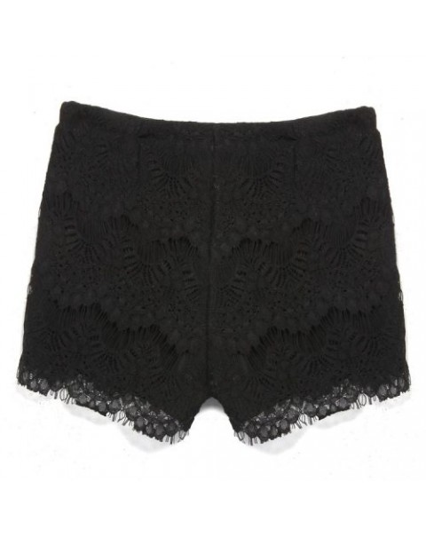 Black/Beige Lace Hollow-Out Middle Waist Shorts