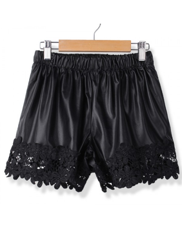 Black Elastic Waist Lace Decoration Leather Shorts