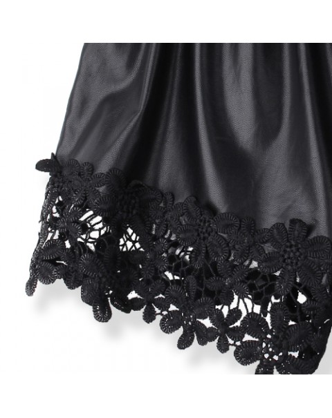 Black Elastic Waist Lace Decoration Leather Shorts