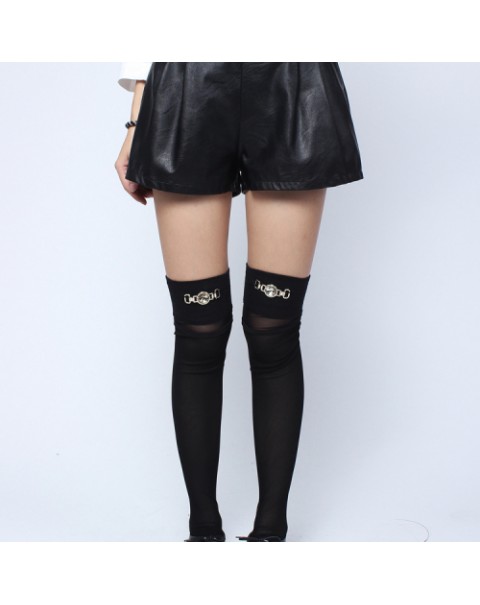 Simple Black Elastic Waist Loose PU Leather Shorts