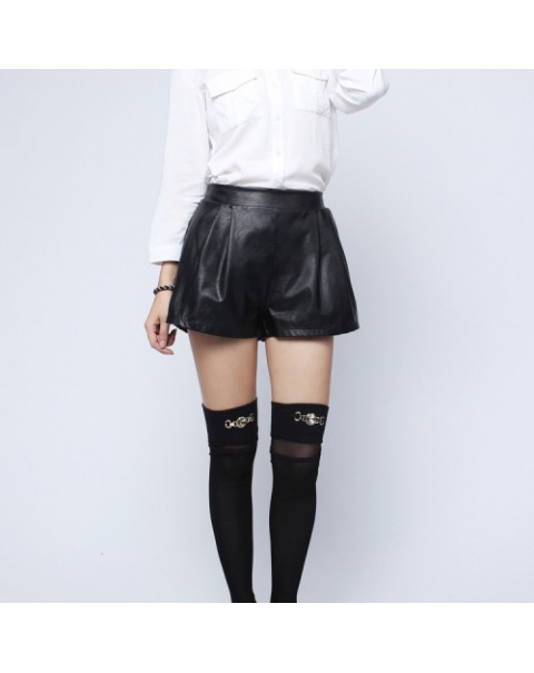 Simple Black Elastic Waist Loose PU Leather Shorts