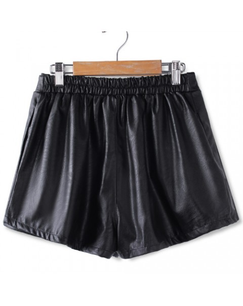 Simple Black Elastic Waist Loose PU Leather Shorts