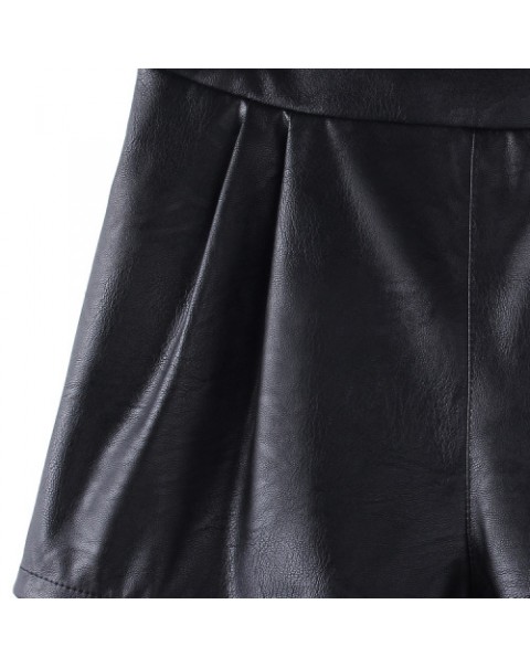 Simple Black Elastic Waist Loose PU Leather Shorts