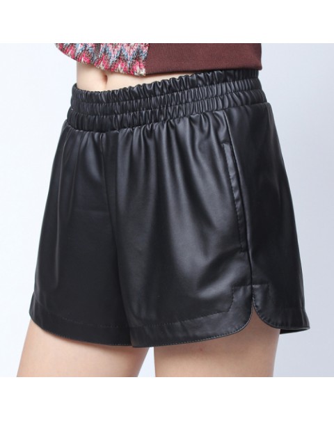 Black Elastic Waist PU Leather Shorts