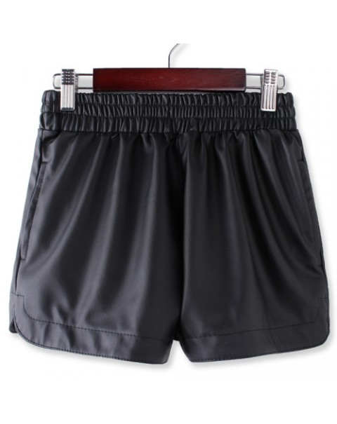 Black Elastic Waist PU Leather Shorts