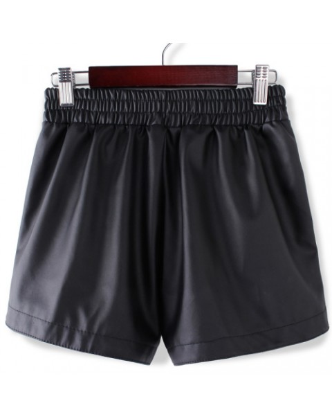 Black Elastic Waist PU Leather Shorts