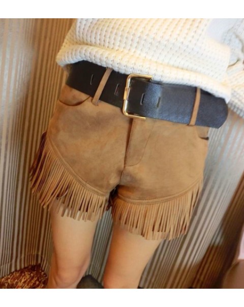 Fashion Solid Color Tassels Woolen Shorts