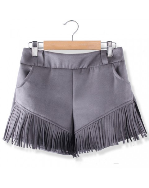 Fashion Solid Color Tassels Woolen Shorts