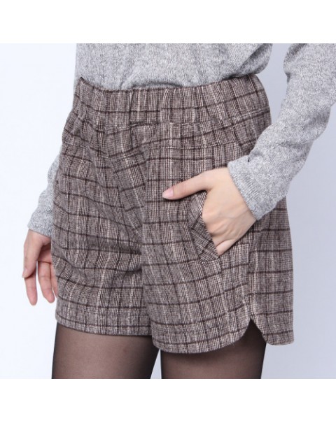 Simple Casual Plaid Pockets Elastic Waist Wool Shorts