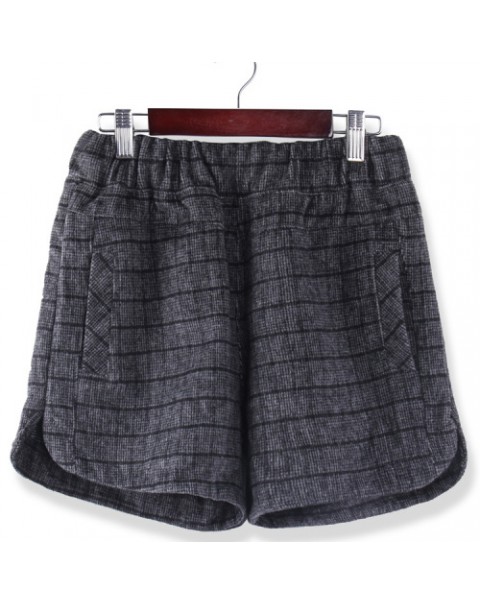 Simple Casual Plaid Pockets Elastic Waist Wool Shorts