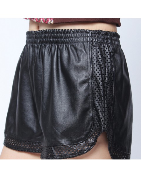 Black/White Hollow Out Elastic PU Leather Shorts