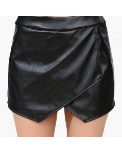 Fashion Elastic Asymmetrical Faux Leather Skirt Shorts