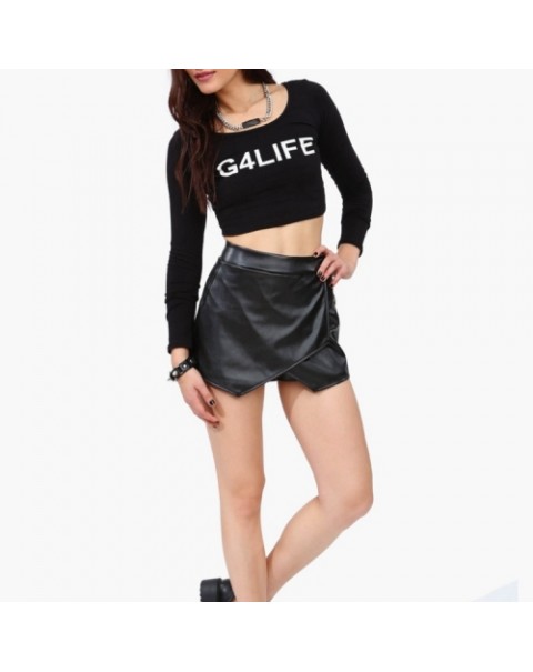 Fashion Elastic Asymmetrical Faux Leather Skirt Shorts