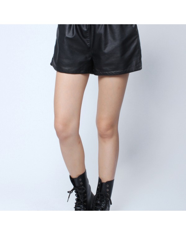  Casual High Waist PU Leather Hem Slit Shorts