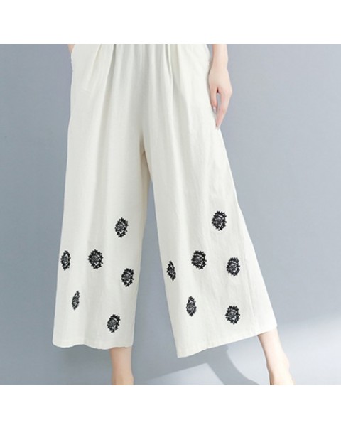 Casual Beige/Black/Red Elegant Embroidery Wide Leg Loose Pants