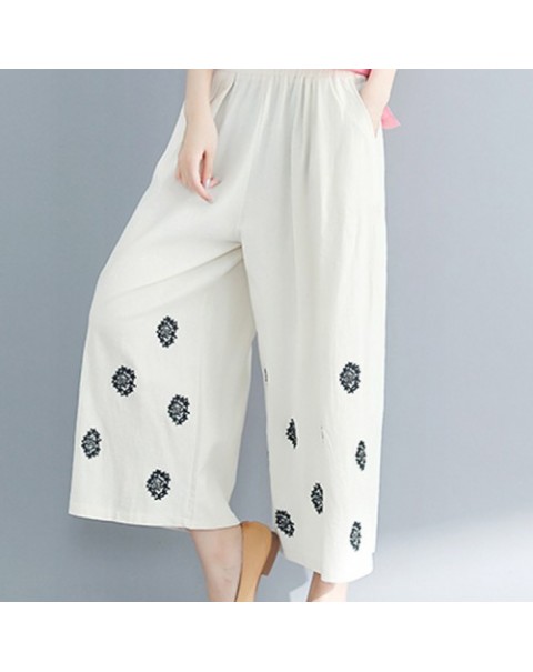 Casual Beige/Black/Red Elegant Embroidery Wide Leg Loose Pants