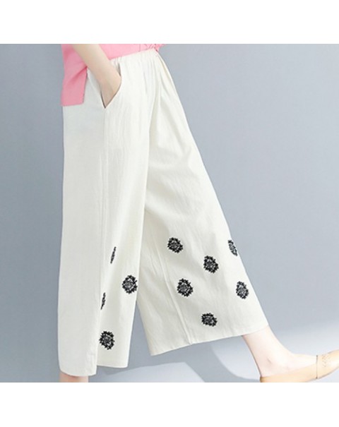 Casual Beige/Black/Red Elegant Embroidery Wide Leg Loose Pants