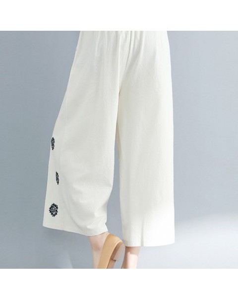 Casual Beige/Black/Red Elegant Embroidery Wide Leg Loose Pants