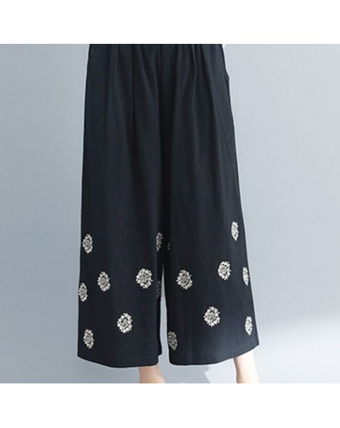 Casual Beige/Black/Red Elegant Embroidery Wide Leg Loose Pants