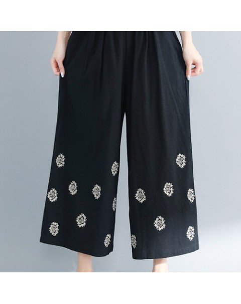 Casual Beige/Black/Red Elegant Embroidery Wide Leg Loose Pants