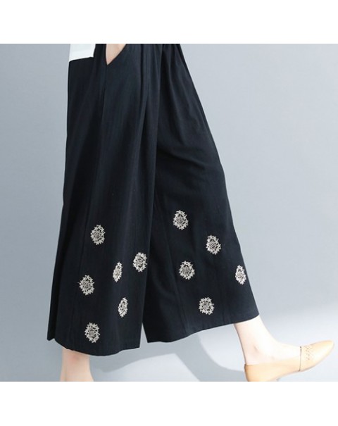 Casual Beige/Black/Red Elegant Embroidery Wide Leg Loose Pants