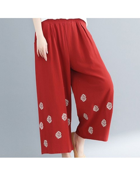 Casual Beige/Black/Red Elegant Embroidery Wide Leg Loose Pants