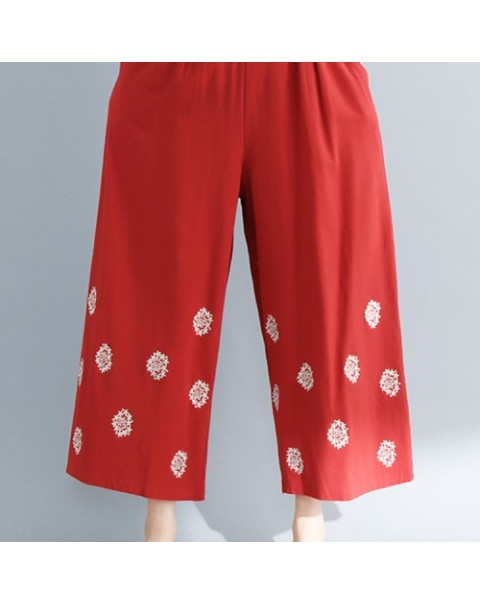 Casual Beige/Black/Red Elegant Embroidery Wide Leg Loose Pants