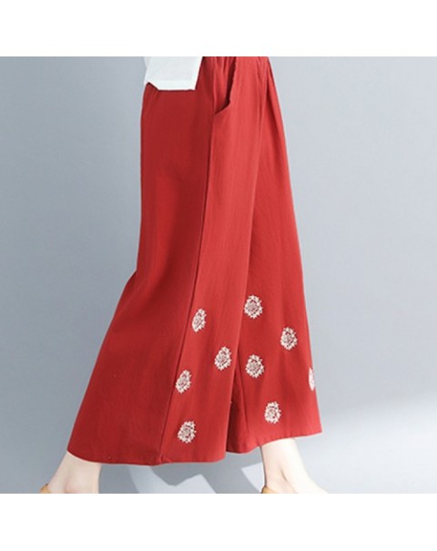 Casual Beige/Black/Red Elegant Embroidery Wide Leg Loose Pants