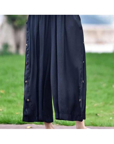 Casual Black/Claret Elastic Waist Loose Pants