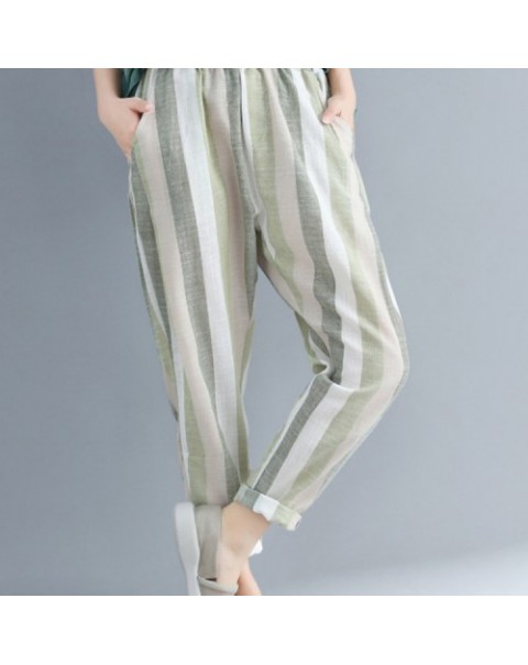 Fashion Elastic Waist Stripe Cotton Pants