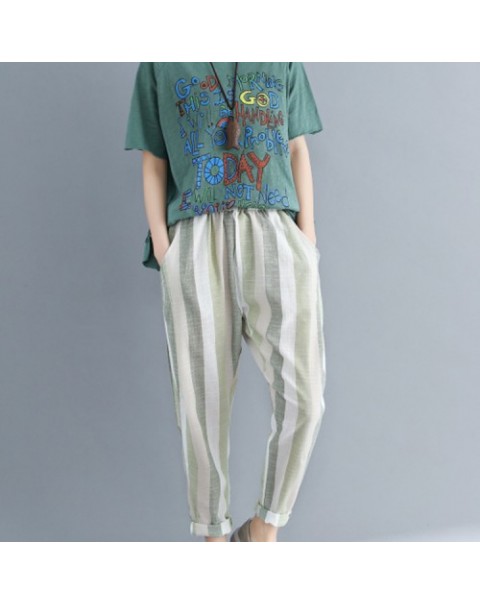 Fashion Elastic Waist Stripe Cotton Pants