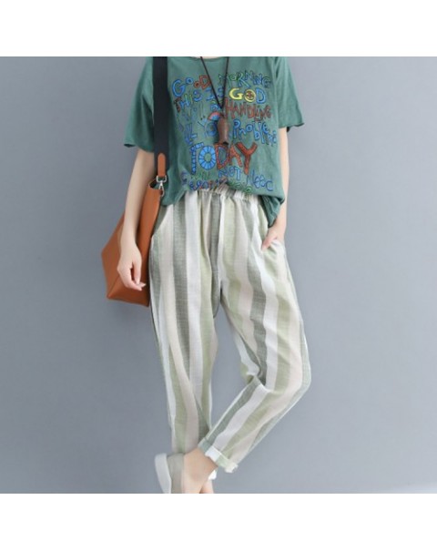 Fashion Elastic Waist Stripe Cotton Pants