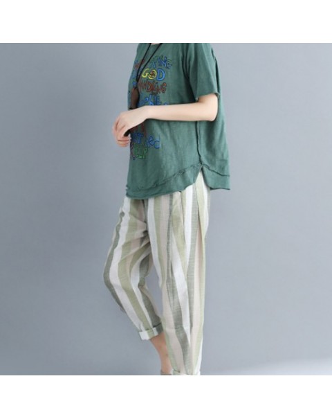 Fashion Elastic Waist Stripe Cotton Pants