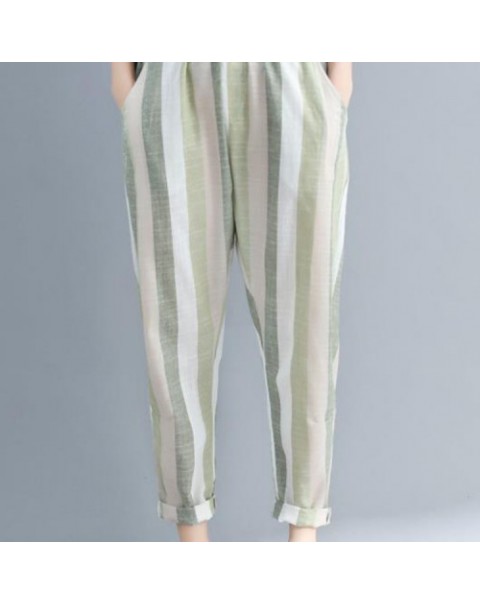 Fashion Elastic Waist Stripe Cotton Pants