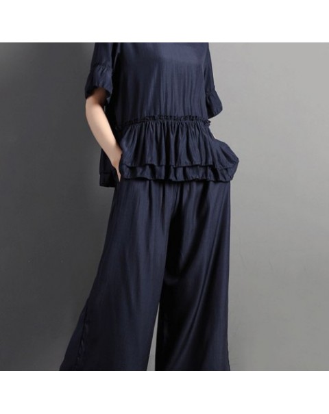 Black/Navy/Wine Red Vintage Ruffles Blouse and Wide Leg Pants Suit