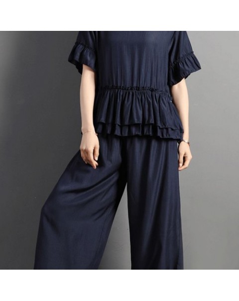 Black/Navy/Wine Red Vintage Ruffles Blouse and Wide Leg Pants Suit